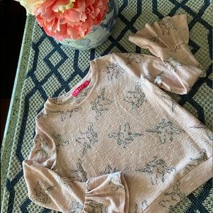 Light pink unicorn crop top with bell sleeve